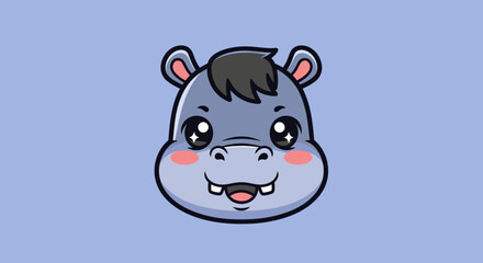 Adorable cartoon hippopotamus face with big eyes and cute expression on blue background.