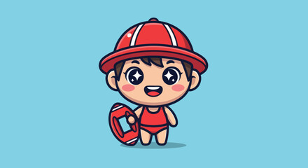 Cute cartoon lifeguard with a red hat and a rescue board smiling.