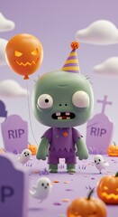 Fototapeta premium Cute Cartoon Zombie with Halloween Party Background