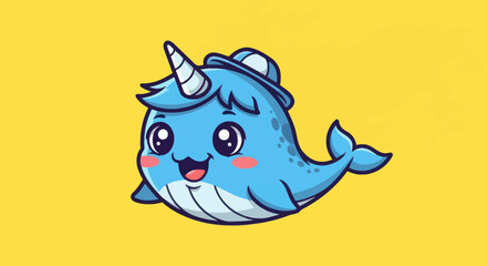 Cute cartoon narwhal with a hat smiling happily.