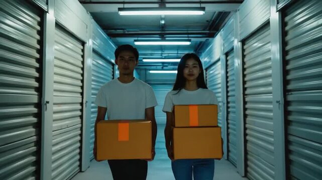 Couple with boxes in a storage room.