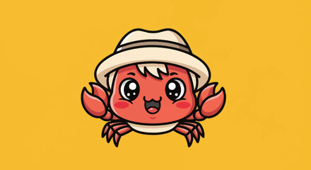 Cute Cartoon Crab Wearing a Hat.