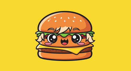 Cute Cartoon Burger Character with Big Eyes and Happy Expression.