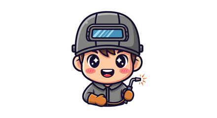 Cute cartoon welder character with welding torch and sparks.