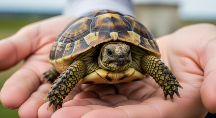 Small tortoise held gently in two open palms outdoors