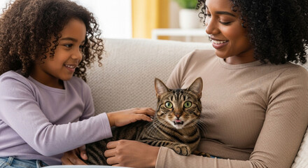 Mother and daughter petting a tabby cat on a couch