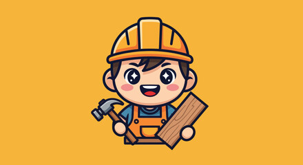 Cute cartoon construction worker character with tools and wood illustration.