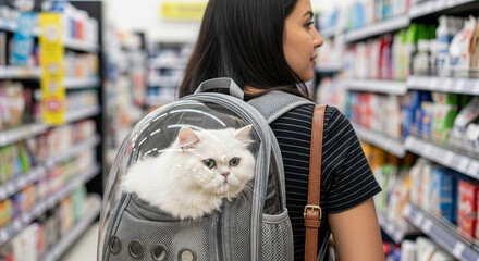 Woman carries cat in backpack through pet supply aisles