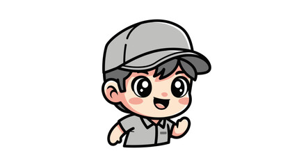 Fototapeta premium Cute Chibi Boy Character with Grey Cap and Shirt Smiling Happily.