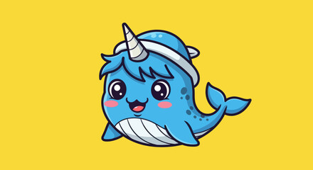 Adorable cartoon narwhal smiling with a cute expression and a horn.