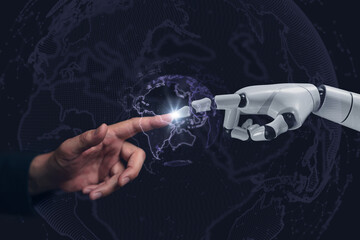 Human hand touching robot hand with glowing light and digital world map background, symbolizing artificial intelligence, future technology, human machine collaboration, innovation, global business.
