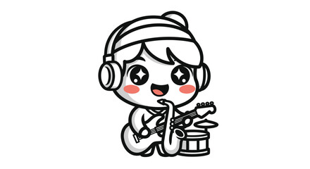 Cartoon musician with headphones playing multiple instruments including guitar and saxophone.