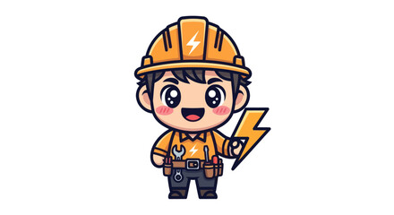 Cute cartoon electrician character holding a lightning bolt symbol.
