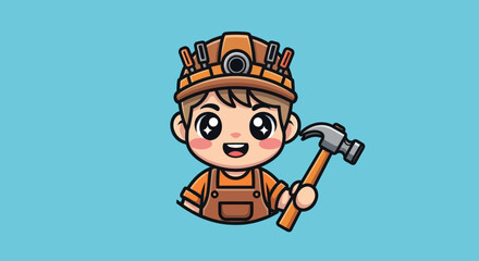 Cute Cartoon Construction Worker with Hammer and Hard Hat.