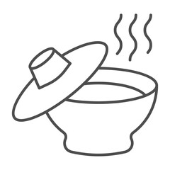 Hot soup in ceramic plate thin line icon, japanese food concept. Vector graphics. Plate of hot dish and lid sign on white background, outline style icon for mobile or web design.