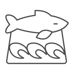 Wooden board with fish sliced fillet thin line icon, japanese food concept. Vector graphics. Fillet slices and fish, seafood sign on white background, outline style icon for mobile or web design.