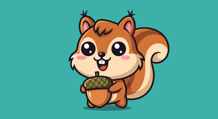 Cartoon Squirrel Holding Acorn with Big Eyes and Bushy Tail.