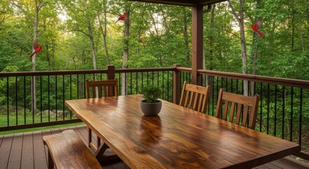 Obraz premium Wooden Deck with Cardinals