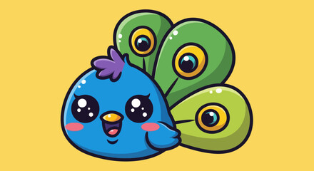 Adorable blue bird with avocado friends smiling happily together.