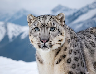 Fototapeta premium Snow leopard in the snow covered mountains., snow leopard potrait