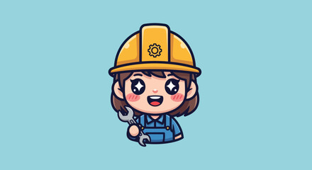 Cartoon female engineer with wrench wearing hard hat.