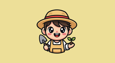 Cheerful farmer holding a shovel and a seedling ready for planting in the garden.