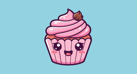 Adorable Kawaii Cupcake with Pink Frosting and a Cute Face.