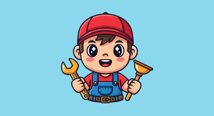 Obraz premium Cartoon Plumber Boy Holding Wrench and Plunger Illustration.