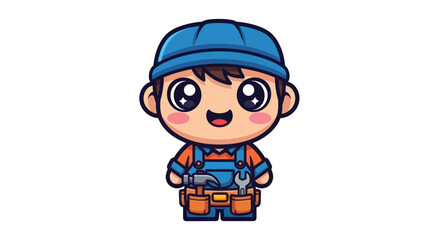 Cute Cartoon Handyman with Blue Cap and Tool Belt Illustration.