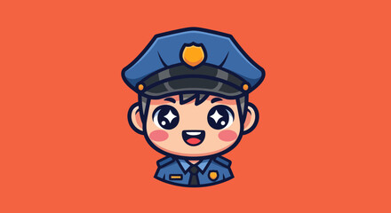 Cute cartoon police officer boy with sparkling eyes.