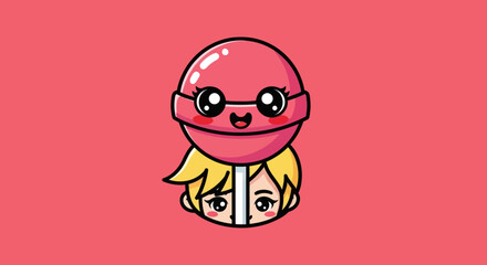 Cute cartoon character peeking from behind a large pink lollipop.