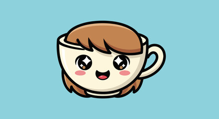 Cute Coffee Cup Character with Kawaii Face and Brown Hair.