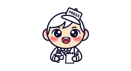 Cartoon journalist with notepad and microphone ready to report the news.