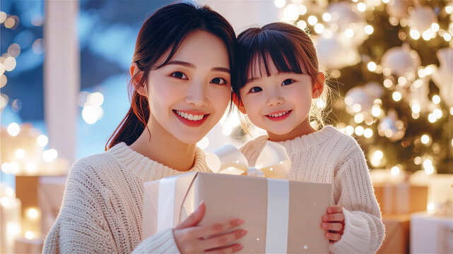 クリスマスプレゼント　可愛い小さなの子とママのポートレート