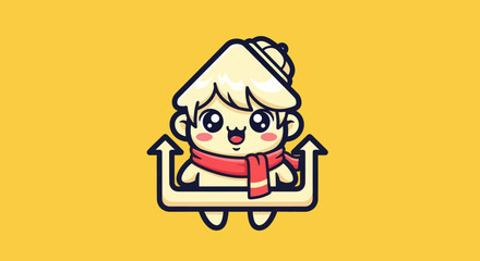 Cute cartoon character with a house-shaped head and a scarf upward arrow graphic design adorable and friendly expression digital illustration whimsical and cheerful design.
