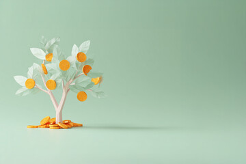 3D illustration of a money tree with golden coins, abstract concept of wealth, savings and financial growth