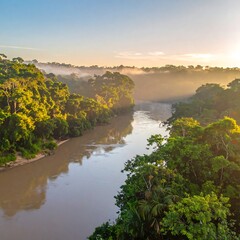 Misty rainforest river sunrise