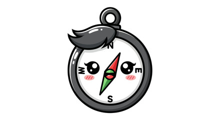 Cute cartoon compass character with a friendly face and hair.