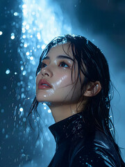a woman with a glowing face, gazing upwards into a luminous shower of blue light and water. Perfect for concepts of purity, rebirth, and tranquil beauty.