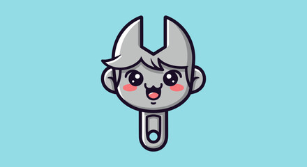 Cartoon Wrench Character with Kawaii Face and Blush.