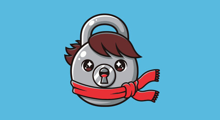 Cute cartoon padlock character with scarf.