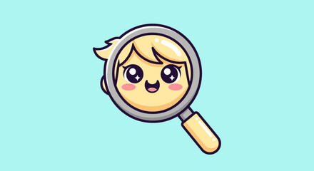 Cute Cartoon Girl Face Magnified by Magnifying Glass.