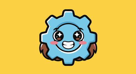 Cute cartoon gear character with happy expression.