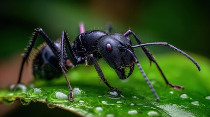 Black Ant on Dewy Green Leaf