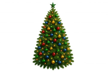 Obraz premium Christmas tree standing, adorned with festive multicolored baubles and sparkling lights, topped with a green star