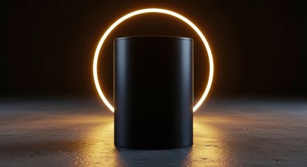 Sleek Black Cylinder with Golden Neon Ring Background
