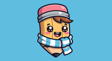 Charming Pencil Character with Scarf and Eraser Hat Illustration.
