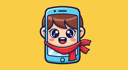 Cute cartoon boy face inside smartphone with red scarf.
