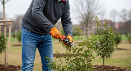 Obraz premium Man using pruning shears to trim green shrub. Garden person cuts plant branches. Gardening concept for home yard maintenance.