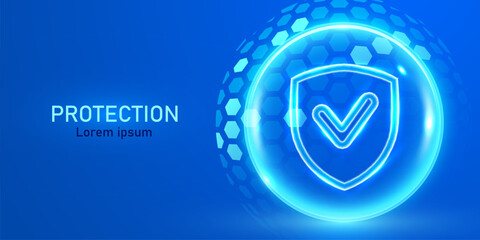 3D transparent sphere protection shield with neon glowing elements. Power energy barrier, force field, protection or defend concept.
